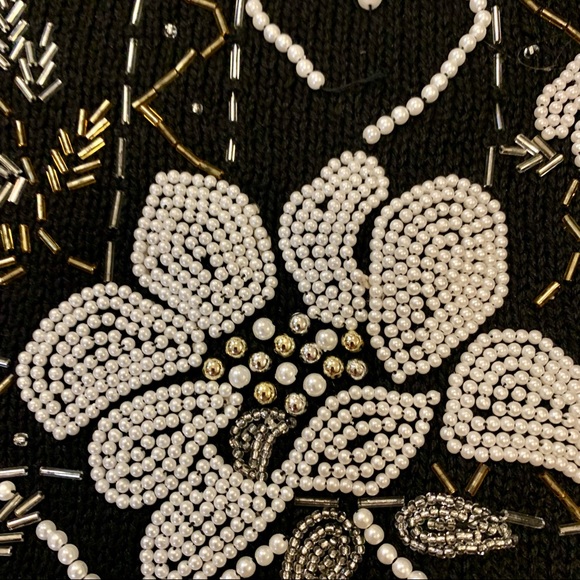Vintage Beaded Knit Mock Neck Holiday Winter Sweater Victoria Jones Black Silver - Picture 4 of 15